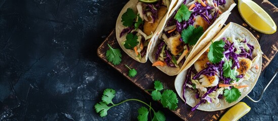 fish tacos with slaw lemon zest and cilantro. Creative Banner. Copyspace image