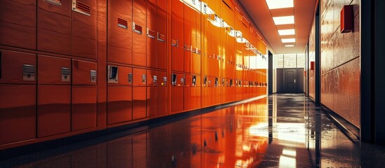 Beautiful and colorful locker in bright orange fit gyms room school train station or other places. Creative Banner. Copyspace image