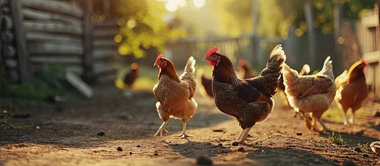 Rolgordijnen Chickens on traditional free range poultry farm. Creative Banner. Copyspace image © HN Works