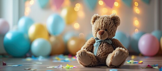 Cute brown Teddy bear toy sneak behind the door and surprise to congratulate the special day holiday festivals game child day care welcome kid day shy childhood party funny stuffed doll - obrazy, fototapety, plakaty
