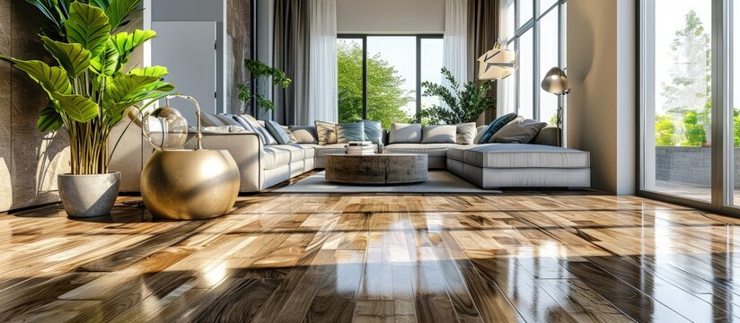 Beautiful living room with hardwood floors in new luxury home. Creative Banner. Copyspace image