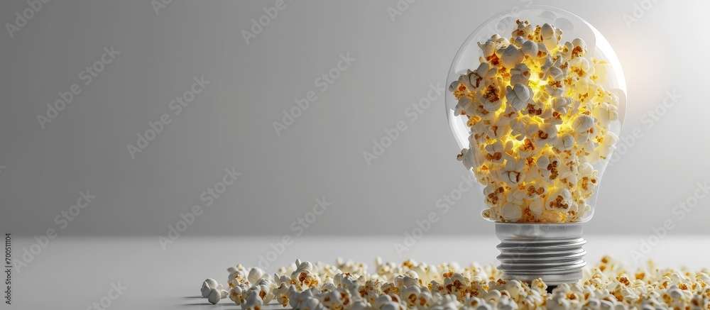 Poster lightbulb full of raw popcorn seeds isolated on white innovation strategy concept. creative banner. 