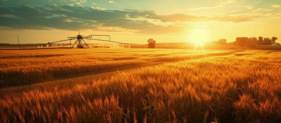 An early morning view of wheat field irrigated with a center pivot sprinkler system. Creative Banner. Copyspace image - obrazy, fototapety, plakaty
