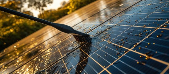Gentle cleaning of photovoltaic modules with rainwater and soft brush. Creative Banner. Copyspace image - obrazy, fototapety, plakaty