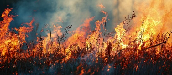 Grass in flames as part of a controlled burn. Creative Banner. Copyspace image - obrazy, fototapety, plakaty