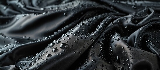 Lotus effect with water drops on black textile. Creative Banner. Copyspace image - obrazy, fototapety, plakaty