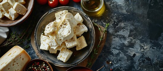 grilled halloumi cheese on a white ceramic plate top view. Creative Banner. Copyspace image