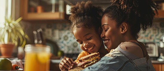 Loving black mother and daughter cuddling while having snack at kitchen eating healthy sandwiches...