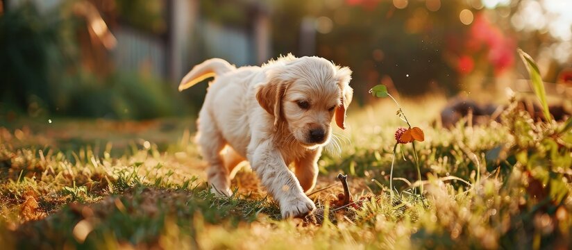 Cute golden retriever puppy dog chewing on a toy stick in the ba. Creative Banner. Copyspace image