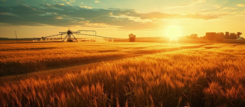 An early morning view of wheat field irrigated with a center pivot sprinkler system. Creative Banner. Copyspace image © HN Works