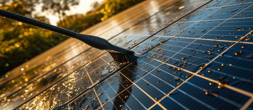 Gentle cleaning of photovoltaic modules with rainwater and soft brush. Creative Banner. Copyspace image