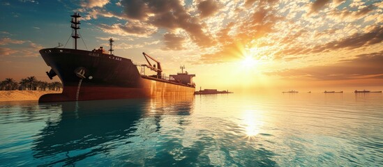 Bulk carrier ship is loading in a port on a sunny day Red sea Saudi Arabia. Creative Banner. Copyspace image - obrazy, fototapety, plakaty