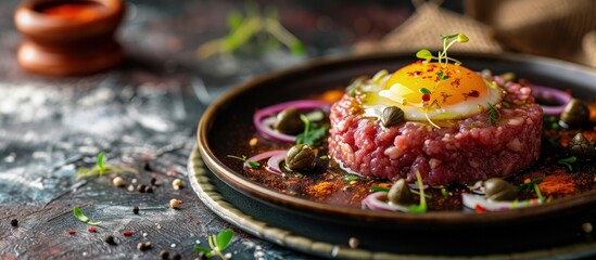 Beef tartare with egg yolk capers sliced pickles and onion selective focus. Creative Banner. Copyspace image - obrazy, fototapety, plakaty