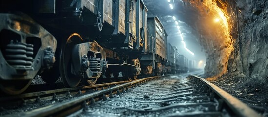 Coal wagons on a tracks in an underground coal mine. Creative Banner. Copyspace image - obrazy, fototapety, plakaty
