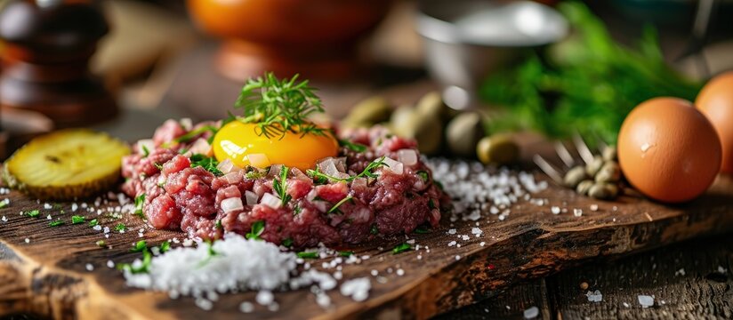 Beef tartare with egg yolk capers sliced pickles and onion selective focus. Creative Banner. Copyspace image