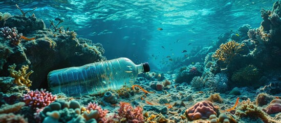 A very old non biodegradable plastic bottle on the sea floor on a tropical coral reef. Creative Banner. Copyspace image