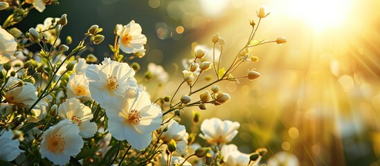 How beautifully the white flowers are blooming the yellow petals in the middle look very beautiful the green nature around the open sky and the shining sun around. Creative Banner. Copyspace image - Powered by Adobe