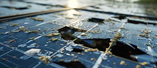 Broken destroyed cracked hole in solar panel after tornado hurricane or storm. Creative Banner. Copyspace image