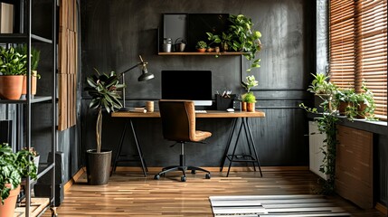 Modern home office interior with wooden desk, leather chair, plants, and stylish decor