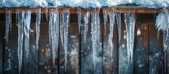 Icicles hanging from the roof Spring melting snow with morning frost Close up Natural icicles in a group of different sizes. Creative Banner. Copyspace image