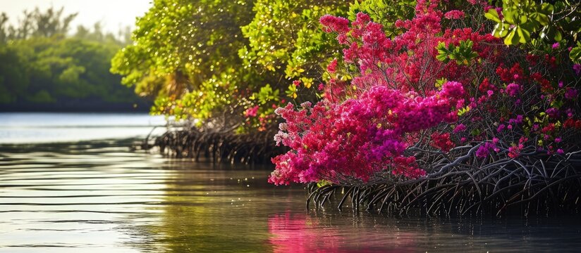 A captivating photograph of a mangrove forest in full bloom with colorful flowers and foliage adding a touch of vibrancy to the coastal landscape. Creative Banner. Copyspace image