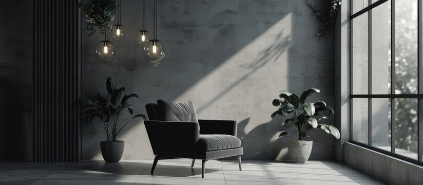 Concrete planters industrial chandeliers and a dark modern armchair in a minimalist living room interior. Creative Banner. Copyspace image