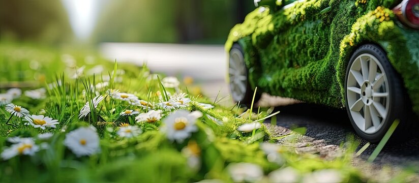 Hybrid car Retro automobile covered with grass and flowers representing eco friendly concept Environmental friendly Green drive. Creative Banner. Copyspace image