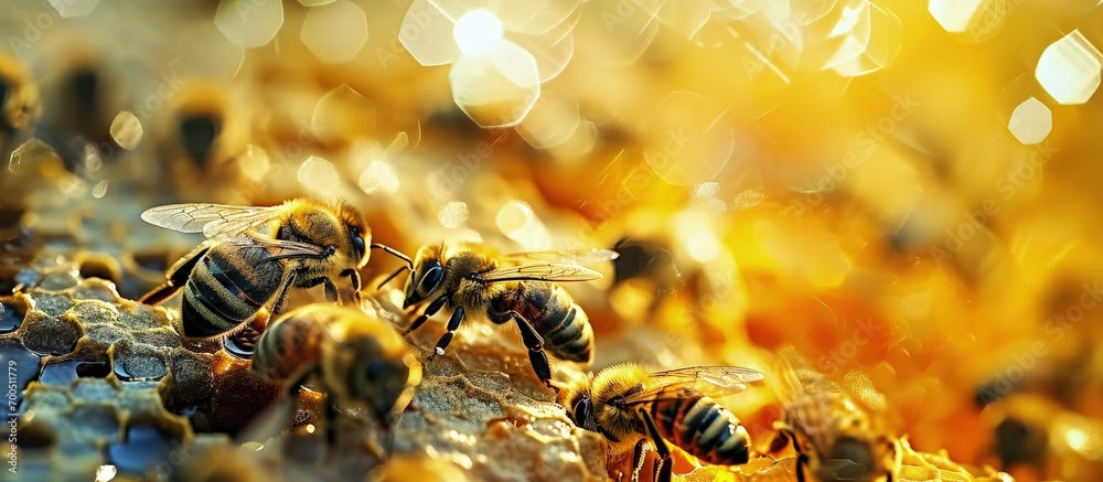 Poster closeup of bees on honeycomb in apiary selective focus copy space. Creative Banner. Copyspace image