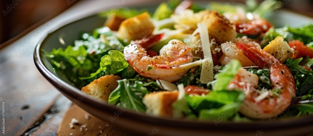 Poster italian caesar salad with shrimp croutons and parmesan selective focus. creative banner. copyspace i