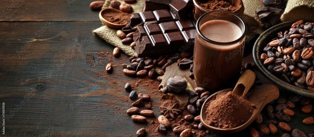Aufkleber cocoa in different presentations hot drink beans powder and chocolate bar. creative banner. copyspac