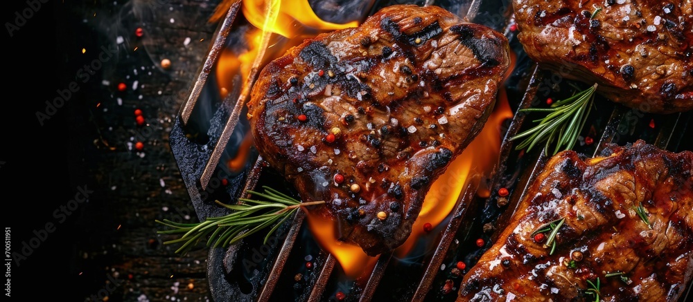 Poster beef steaks on the grill with flames banner menu recipe place for text top view. creative banner. co