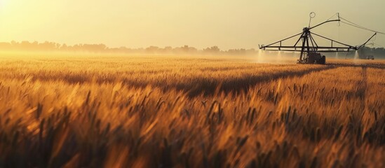 Obraz premium An early morning view of wheat field irrigated with a center pivot sprinkler system. Creative Banner. Copyspace image