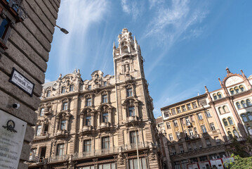 Ornate building facade in Belle Epoque style,  the Matild Palace and Parisi Udvar Hotel, Budapest, Hungary