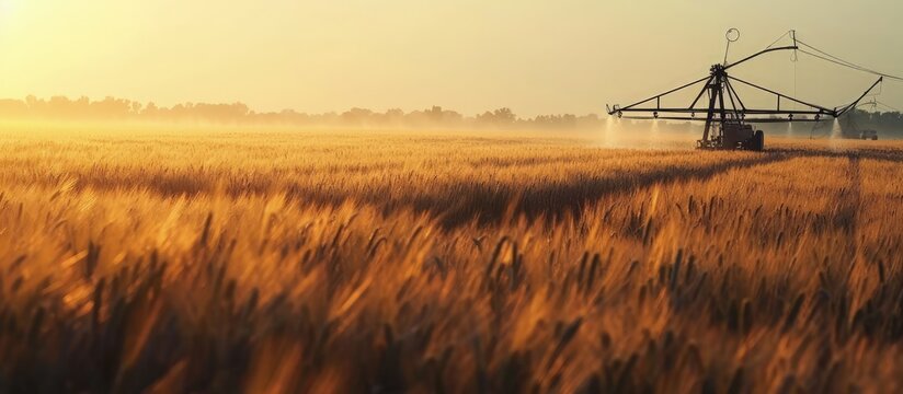 An early morning view of wheat field irrigated with a center pivot sprinkler system. Creative Banner. Copyspace image