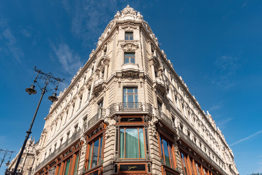 The beautiful architecture of Matild Palace and Spago Restaurant, a modern luxury set in traditional Hungarian heritage. Budapest, Hungary. .