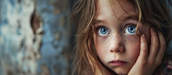 A little girl huddled in a corner and cries covering her eyes and ears with her hands because her parents are quarreling Family problem violation of children s rights. Creative Banner - obrazy, fototapety, plakaty