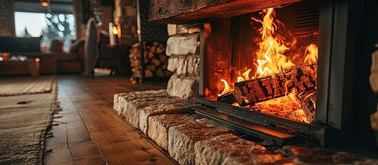 Close up of burning fireplace in detached house. Creative Banner. Copyspace image