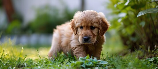 Golden retriever puppy getting ready to poop on green grass in the backyard. Creative Banner. Copyspace image