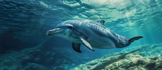 Fototapeta premium A large white dolphin swims in blue water. Creative Banner. Copyspace image