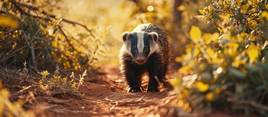 african honey badger or Mellivora capensis in kruger national park south africa. Creative Banner. Copyspace image - obrazy, fototapety, plakaty