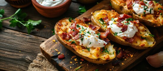 Homemade Loaded Crispy Potato Skins with Sour Cream and Bacon. Creative Banner. Copyspace image