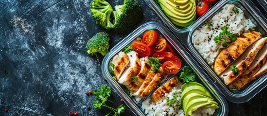 Healthy green meal prep containers with chicken rice avocado and vegetables overhead shot with copy space. Creative Banner. Copyspace image