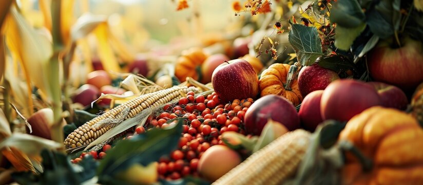 large group of fall harvest vegetables including corn and apples. Creative Banner. Copyspace image