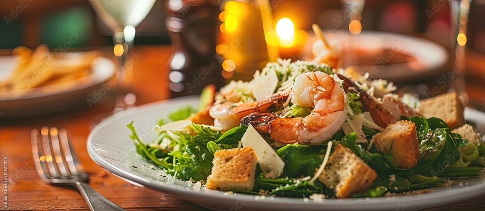 Poster italian caesar salad with shrimp croutons and parmesan selective focus. creative banner. copyspace i