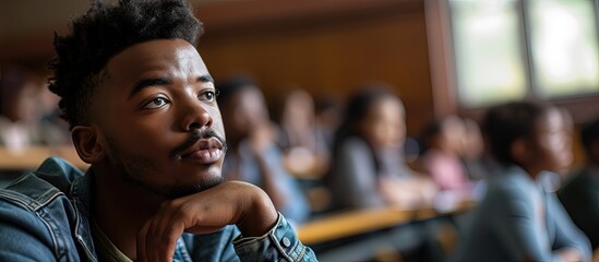Bored black student sitting at university classroom and thinking of something. Creative Banner. Copyspace image