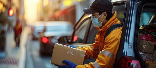 Asian Delivery man wearing mask send a package holding smartphone on front receiver shipping deliver cargo social distancing Many parcel in trunk hatchback car while the virus is spreading - obrazy, fototapety, plakaty