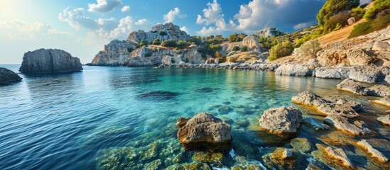 Anthony Quinn Bay on Rhodes island Greece. Creative Banner. Copyspace image - obrazy, fototapety, plakaty