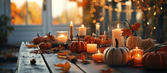 Festive autumn place settings with pumpkins and candles. Creative Banner. Copyspace image