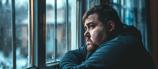 Frustrated overweight man sits on bed sadly looking to window feeling depression from difficult relations works trouble health problem Unhappy male think about hopelessness need psychological h - obrazy, fototapety, plakaty