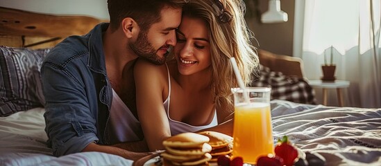Breakfast romance and woman in bed for surprise anniversary celebration and special birthday Morning love and happy couple with food pancake and juice on tray for wellness nutrition and hunger